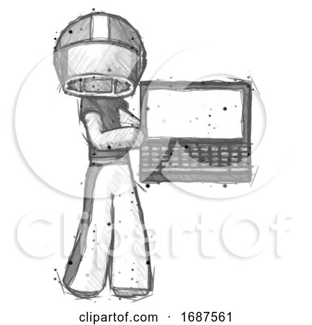 Sketch Football Player Man Holding Laptop Computer Presenting Something on Screen by Leo Blanchette