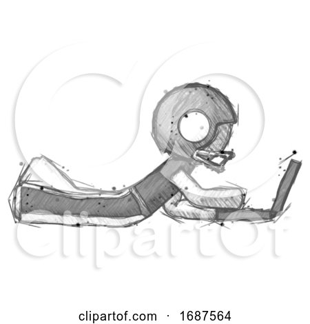 Sketch Football Player Man Using Laptop Computer While Lying on Floor Side View by Leo Blanchette