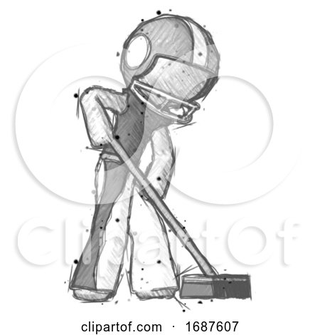 Sketch Football Player Man Cleaning Services Janitor Sweeping Side View by Leo Blanchette