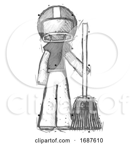 Sketch Football Player Man Standing with Broom Cleaning Services by Leo Blanchette