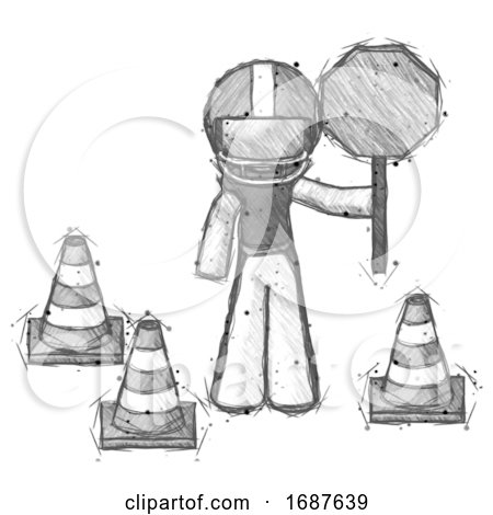 Sketch Football Player Man Holding Stop Sign by Traffic Cones Under Construction Concept by Leo Blanchette
