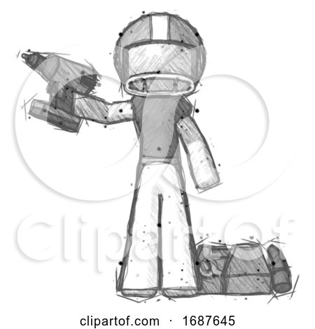 Sketch Football Player Man Holding Drill Ready to Work, Toolchest and Tools to Right by Leo Blanchette