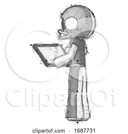 Sketch Football Player Man Looking at Tablet Device Computer with Back to Viewer by Leo Blanchette