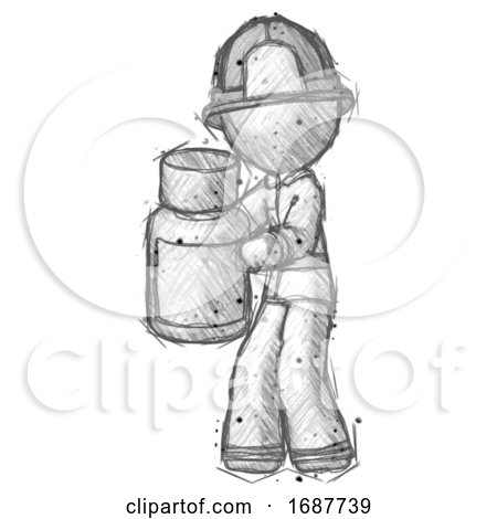 Sketch Firefighter Fireman Man Holding White Medicine Bottle by Leo Blanchette