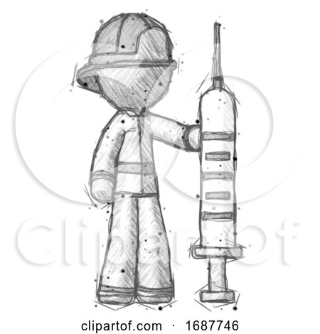 Sketch Firefighter Fireman Man Holding Large Syringe by Leo Blanchette