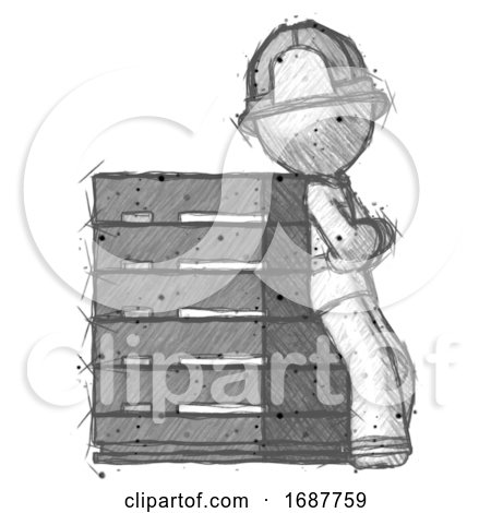 Sketch Firefighter Fireman Man Resting Against Server Rack Viewed at Angle by Leo Blanchette