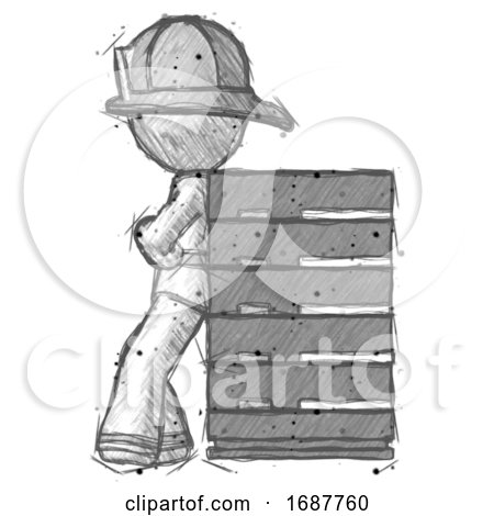 Sketch Firefighter Fireman Man Resting Against Server Rack by Leo Blanchette