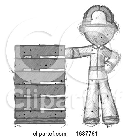 Sketch Firefighter Fireman Man with Server Rack Leaning Confidently Against It by Leo Blanchette