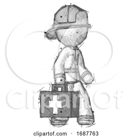 Sketch Firefighter Fireman Man Walking with Medical Aid Briefcase to Right by Leo Blanchette