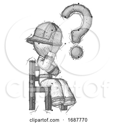 Sketch Firefighter Fireman Man Question Mark Concept, Sitting on Chair Thinking by Leo Blanchette