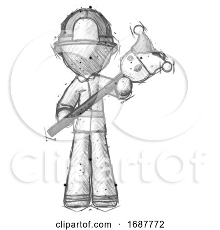 Sketch Firefighter Fireman Man Holding Jester Diagonally by Leo Blanchette