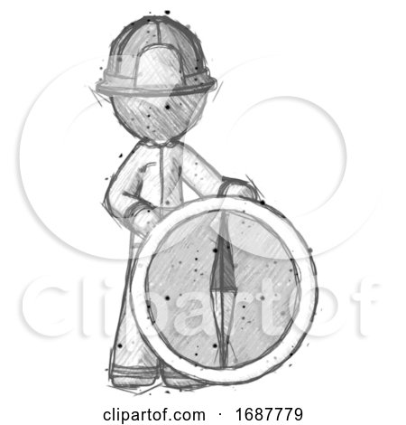 Sketch Firefighter Fireman Man Standing Beside Large Compass by Leo Blanchette