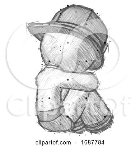 Sketch Firefighter Fireman Man Sitting with Head down Back View Facing Right by Leo Blanchette