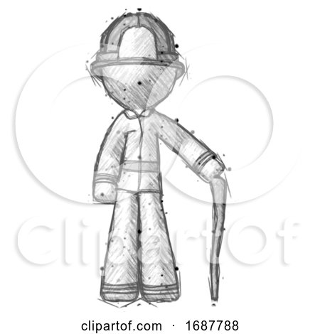Sketch Firefighter Fireman Man Standing with Hiking Stick by Leo Blanchette