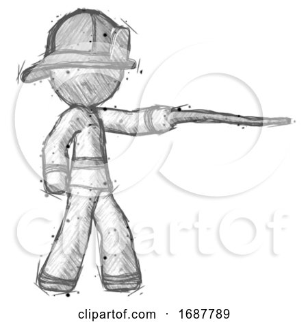 Sketch Firefighter Fireman Man Pointing with Hiking Stick by Leo Blanchette