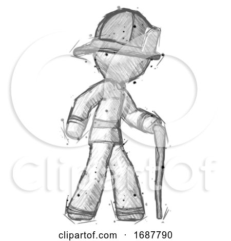 Sketch Firefighter Fireman Man Walking with Hiking Stick by Leo Blanchette