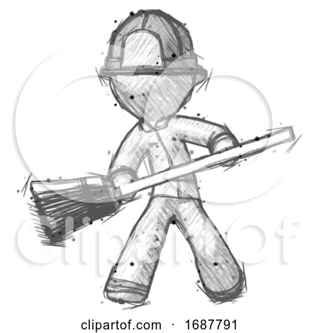 Sketch Firefighter Fireman Man Broom Fighter Defense Pose by Leo Blanchette