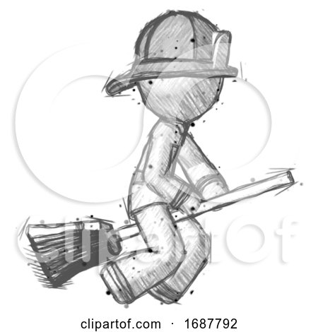 Sketch Firefighter Fireman Man Flying on Broom by Leo Blanchette