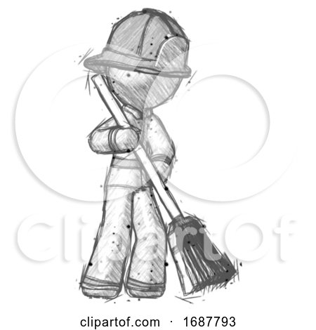 Sketch Firefighter Fireman Man Sweeping Area with Broom by Leo Blanchette