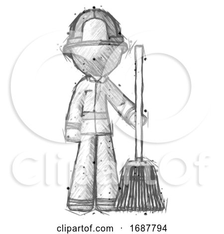 Sketch Firefighter Fireman Man Standing with Broom Cleaning Services by Leo Blanchette