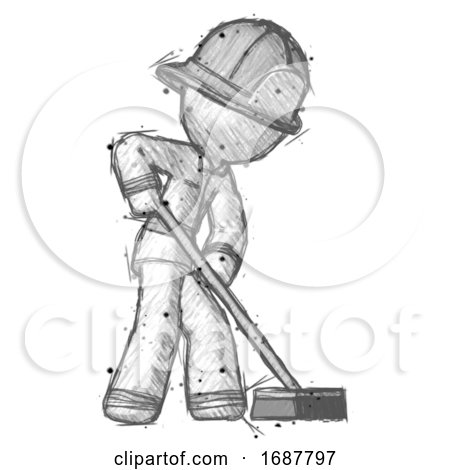 Sketch Firefighter Fireman Man Cleaning Services Janitor Sweeping Side View by Leo Blanchette
