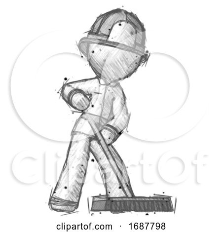 Sketch Firefighter Fireman Man Cleaning Services Janitor Sweeping Floor with Push Broom by Leo Blanchette