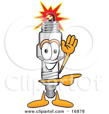 Clipart Picture of a Spark Plug Mascot Cartoon Character Waving and Pointing to the Right by Mascot Junction
