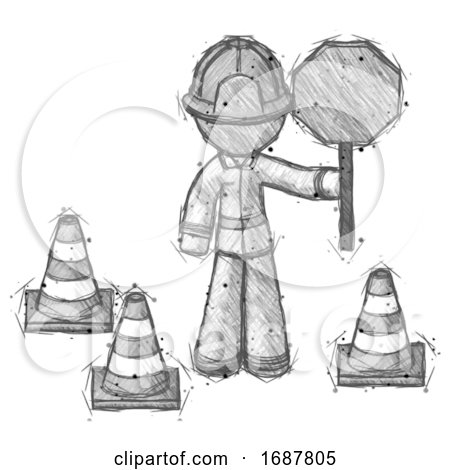 Sketch Firefighter Fireman Man Holding Stop Sign by Traffic Cones Under Construction Concept by Leo Blanchette