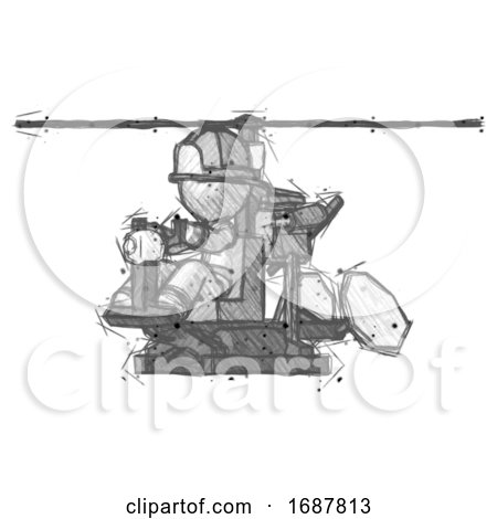 Sketch Firefighter Fireman Man Flying in Gyrocopter Front Side Angle View by Leo Blanchette