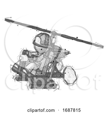 Sketch Firefighter Fireman Man Flying in Gyrocopter Front Side Angle Top View by Leo Blanchette