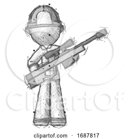 Sketch Firefighter Fireman Man Holding Sniper Rifle Gun by Leo Blanchette