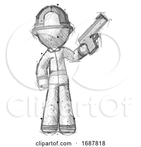 Sketch Firefighter Fireman Man Holding Handgun by Leo Blanchette
