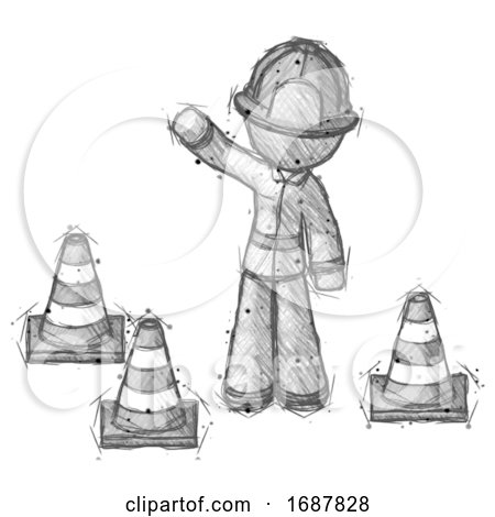 Sketch Firefighter Fireman Man Standing by Traffic Cones Waving by Leo Blanchette