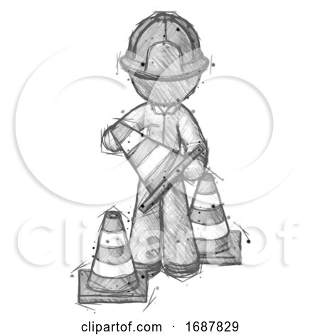 Sketch Firefighter Fireman Man Holding a Traffic Cone by Leo Blanchette