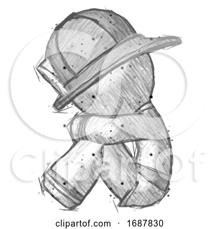 Sketch Firefighter Fireman Man Sitting with Head down Facing Sideways Left by Leo Blanchette