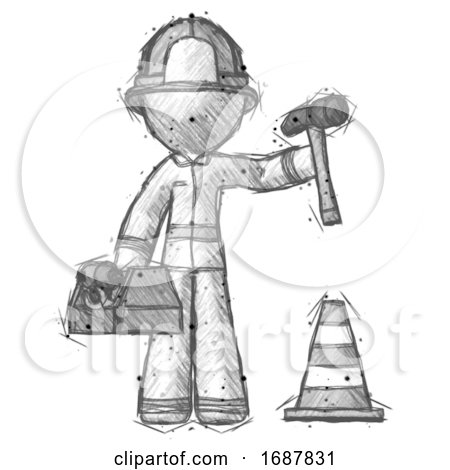 Sketch Firefighter Fireman Man Under Construction Concept, Traffic Cone and Tools by Leo Blanchette