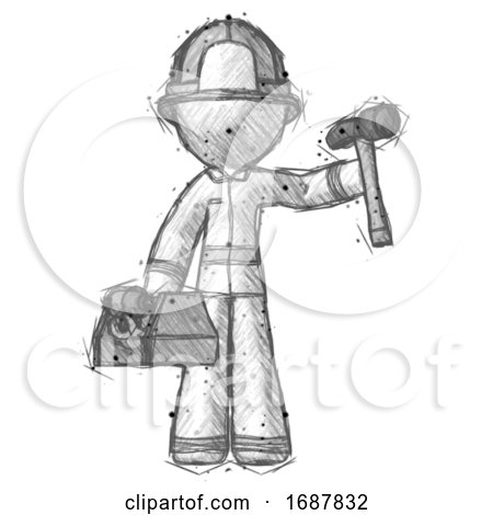 Sketch Firefighter Fireman Man Holding Tools and Toolchest Ready to Work by Leo Blanchette