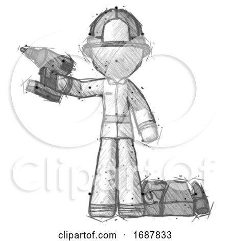 Sketch Firefighter Fireman Man Holding Drill Ready to Work, Toolchest and Tools to Right by Leo Blanchette