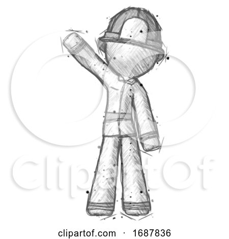 Sketch Firefighter Fireman Man Waving Emphatically with Right Arm by Leo Blanchette