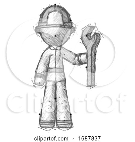 Sketch Firefighter Fireman Man Holding Wrench Ready to Repair or Work by Leo Blanchette
