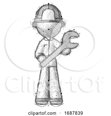 Sketch Firefighter Fireman Man Holding Large Wrench with Both Hands by Leo Blanchette