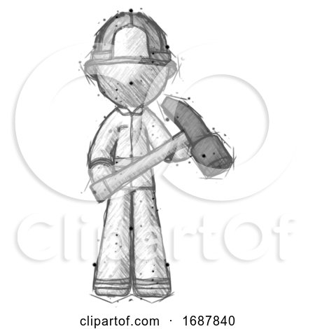 Sketch Firefighter Fireman Man Holding Hammer Ready to Work by Leo Blanchette