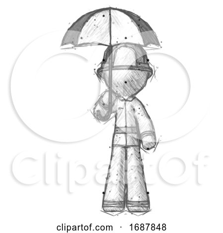 Sketch Firefighter Fireman Man Holding Umbrella by Leo Blanchette