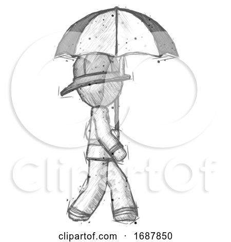 Sketch Firefighter Fireman Man Woman Walking with Umbrella by Leo Blanchette