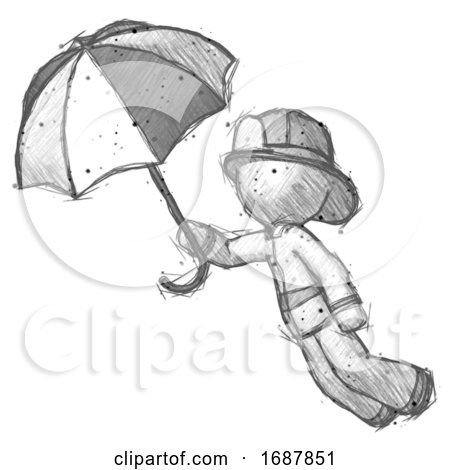 Sketch Firefighter Fireman Man Flying with Umbrella by Leo Blanchette