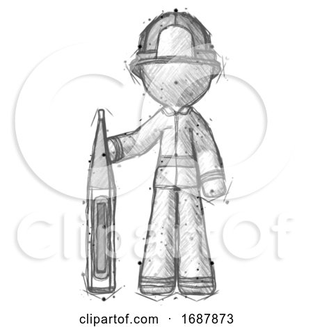 Sketch Firefighter Fireman Man Standing with Large Thermometer by Leo Blanchette