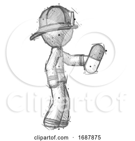 Sketch Firefighter Fireman Man Holding Pill Walking to Right by Leo Blanchette