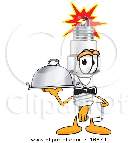 Clipart Picture of a Spark Plug Mascot Cartoon Character Waiting Tables and Serving a Dinner Platter by Mascot Junction