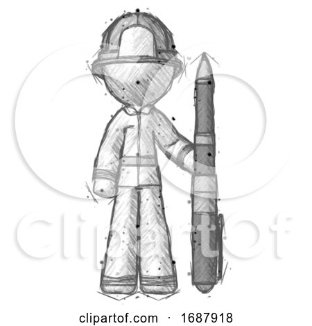 Sketch Firefighter Fireman Man Holding Large Pen by Leo Blanchette