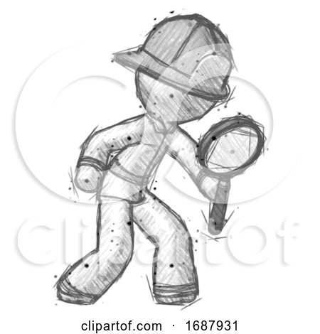 Sketch Firefighter Fireman Man Inspecting with Large Magnifying Glass Right by Leo Blanchette
